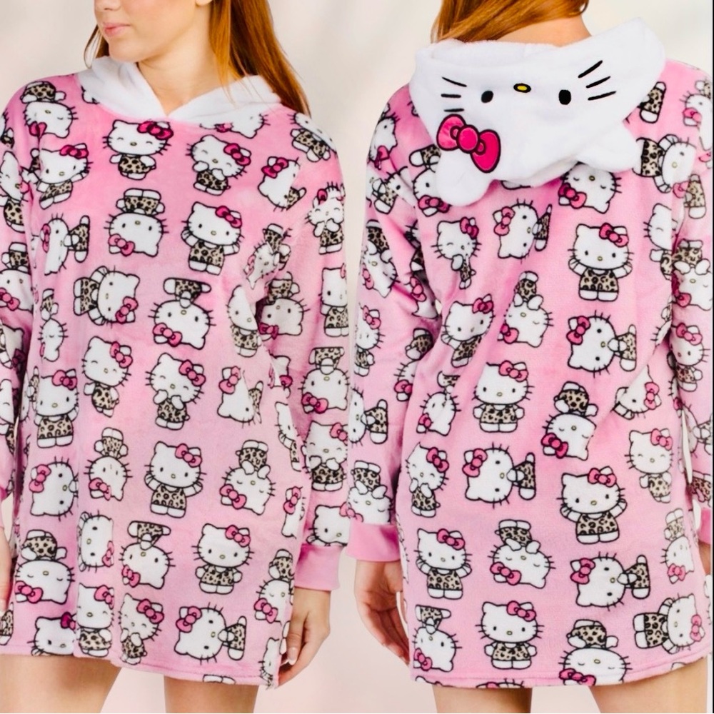💕Hello Kitty Pink/White Pullover Hoodie Nightdress Soft Cozy Sleepwear (L) NWT 🌸